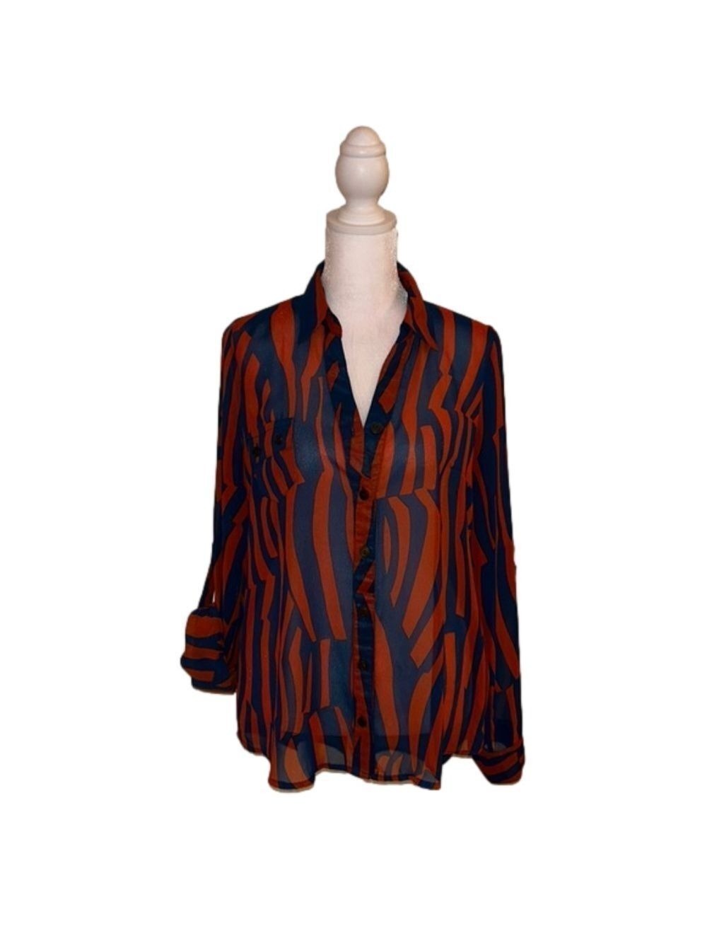“mine” Burnt Orange & Dark Teal Sheer Blouse Size M